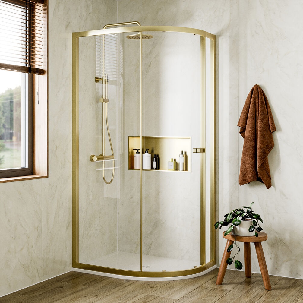 Lifestyle image of Crosswater Clear 6 Brushed Brass 1200 x 800mm Offset Shower Quadrant